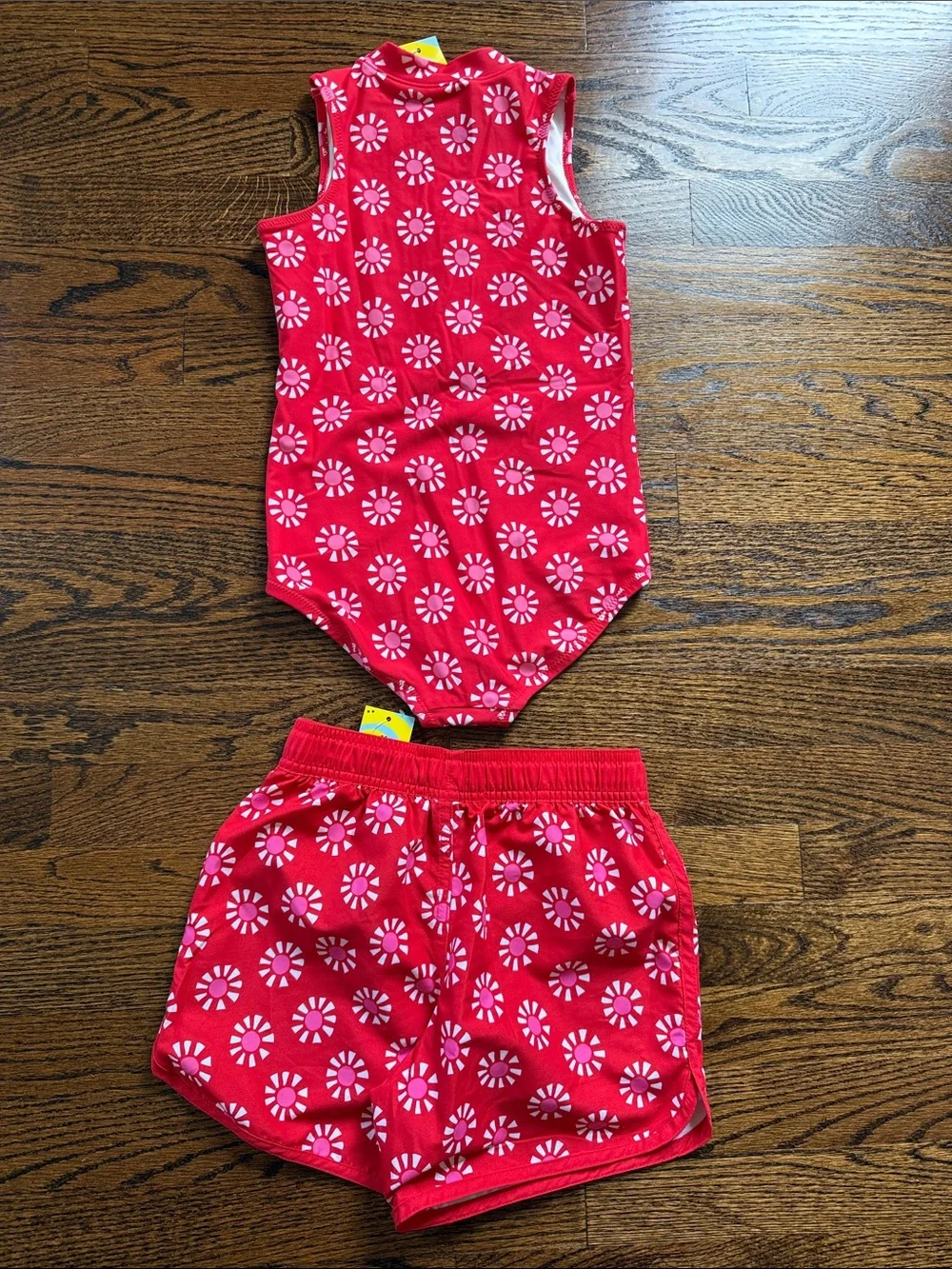 NWT Primary Girls Pink Red Sun Zip Swim one piece and drawstring trunks size 6/7